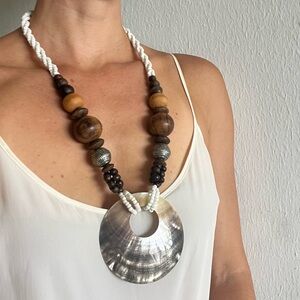 Iridescent Shell Pendant Necklace with Wood and Metal Beads